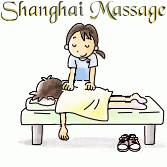 Shanghai Massage cartoon image of animated Massage lady rubbing a man's back, who is covered by a large towel.